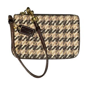 Coach Brown Gray Wool Leather Plaid Zipper Wristlet Wallet Coin Purse AUTHENTIC